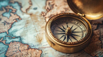 A weathered brass compass lies atop an ancient map, stirring memories of bygone adventures and explorations.