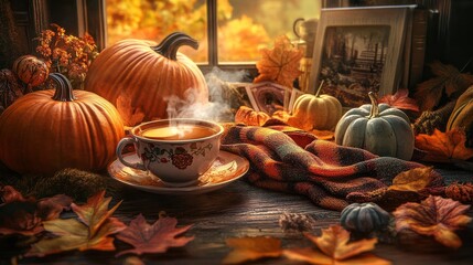 Fototapeta premium Warm autumn comfort with a cozy cup of tea, autumn leaves, and a cozy scarf on a rustic wooden table. A celebration of fall and the spirit of Thanksgiving in a cozy rural setting.
