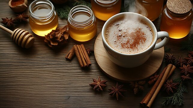 A top-down view of a steaming cup of sbiten on a rustic wooden table, surrounded by honey jars, spices, and cinnamon sticks. Natural light from a nearby window highlights the rich, warm colors. Cozy,