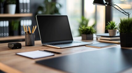 A sleek workspace features a tidy planner, chic supplies, and a laptop, highlighting an atmosphere of efficiency and focus.