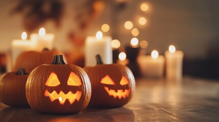 Fototapeta premium Halloween Pumpkins And Candles On Wooden.