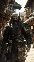 Fototapeta premium A samurai wearing menacing armor made from oni material, with a helmet, walking through an Edo period town during bright daylight