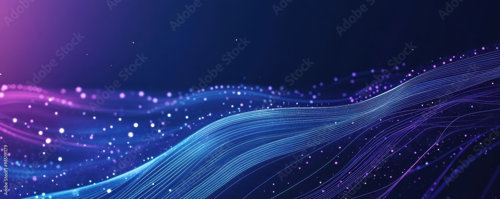 Poster abstract digital landscape with blue gradient background and glowing white lines creating a futurist