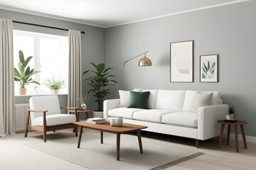 Fototapeta premium 3D Render of a Scandinavian living room with a white sofa, wooden coffee table, and minimalist decor, floor plan, on isolated.