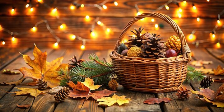 Rustic wooden table adorned with a woven basket overflowing with freshly picked juicy pinecones amidst scattered autumnal leaves and twinkling fairy lights.