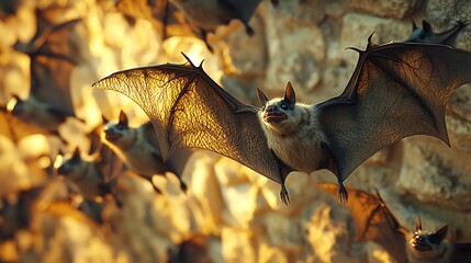 Obraz premium A close-up of a stone wall with a swarm of bats flying upwards, illuminated by soft, eerie light. The bats cast intricate, fluttering shadows across the textured stone, creating a spooky,