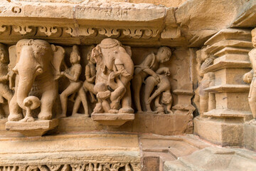 Exotic sculptures on the wall of mahadev mandir in khajuraho, madhya pradesh, India.Unesco world heritage site.