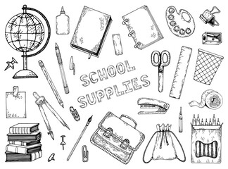 Back to school hand drawn doodle clipart. Stationery supplies. Children school elements. Study time. Books, notebook, pens, ruler, globe, school bag, scissors. Vector sketch line art illustration.