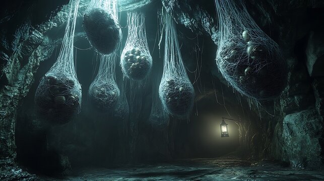 A dark cave-like room filled with spider egg sacs hanging from the ceiling, each sac crafted from intricate webbing and showing small spiders moving inside.