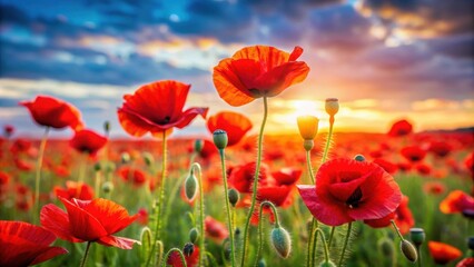 Naklejka premium Vibrant red poppies blooming in a field , nature, flowers, petals, beauty, vibrant, red, poppies, blooming, field, sunny, day