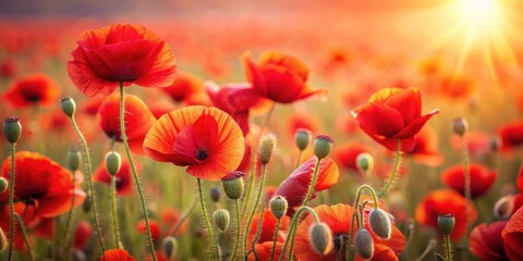 Fototapeta premium Beautiful poppies blooming in a field of red flowers, poppies, bloom, red, flowers, nature, beauty, vibrant, petals, garden