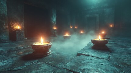 A dark, eerie room with floating candles suspended in mid-air, glowing softly and casting warm light onto the ancient stone floors and walls. The fog swirls gently beneath the candles,