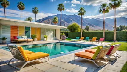 Fototapeta premium Modernist Palm Springs poolside with colorful mid-century furniture and geometric patterns, modernist