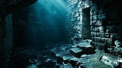 Fototapeta premium In a shadowy, moisture-laden chamber, the ancient stones murmur forgotten tales as whispers intertwine with flickering silhouettes.