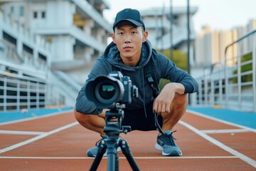 An asian athlete recording video running shoe review tripod adult photo.