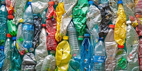 Numerous plastic bottles in close proximity, representing recycling.