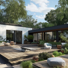 luxury home on the beach, home on a island, luxury home in the garden, Modern house with a wooden terrace and garden in the background, sliding doors leading to an open space with outdoor furniture