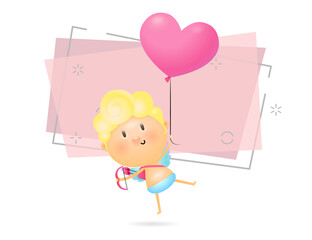 Angel boy illustration. Cupid, pink heart, air balloon. Saint Valentines Day concept. Vector illustration can be used for topics like gift card, love, romance