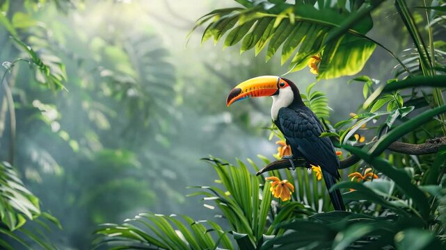 Toucan is sitting on a branch in the jungle. 