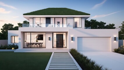 Fototapeta premium Futuristic Real Estate: Holo 3D Render of Small Home Model for Property Demos and Mortgage Contracts
