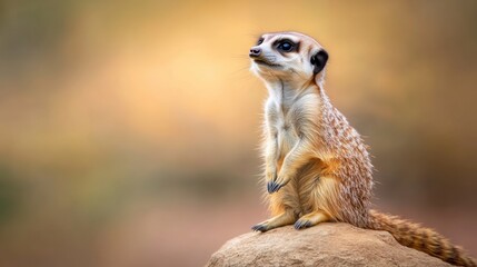 Fototapeta premium A small meerkat sitting on top of a rock looking up, AI