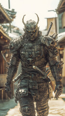 Fototapeta premium A samurai wearing menacing armor made from oni material, with a helmet, walking through an Edo period town during bright daylight