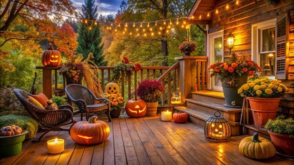 Obraz premium Spooky Halloween decorations and twinkling lights dance across the wooden deck, weaving a magical atmosphere for