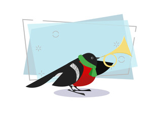 Cartoon bullfinch in green scarf blowing horn. Advertising concept. Vector illustration can be used for topics like seasonal discount, special offer, Christmas sale