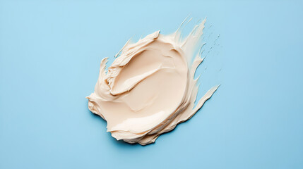 Sample of body care cream on light blue background, top view, Smear of ointment on light blue background, top view, Cosmetic white balm cream texture on light gray


