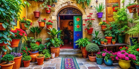 Vibrant colorfully decorated entranceway with potted plants and inviting ambiance, warmly welcoming visitors to a cozy and intimate gathering space or rustic outdoor setting.