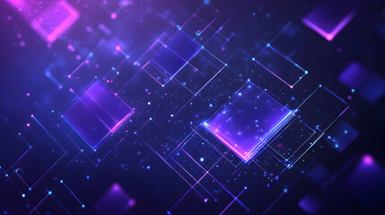 Fototapeta premium Abstract purple and blue digital network background with glowing lines and squares.