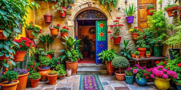 Vibrant colorfully decorated entranceway with potted plants and inviting ambiance, warmly welcoming visitors to a cozy and intimate gathering space or rustic outdoor setting.