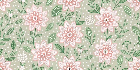 Floral Seamless Pattern with Delicate Pink Flowers and Green Leaves on a Light Green Background, seamless pattern, vector illustration , floral design