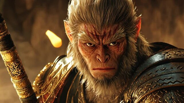 Monkey King Close Up: A powerful and intense close-up of the legendary Monkey King, his fierce gaze and ornate armor conveying a sense of might and ancient wisdom.