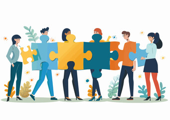 Collaborative Business Team Holding Puzzle Pieces Illustration - Teamwork, Cooperation, Problem Solving, Partnership, Office, Vector Art