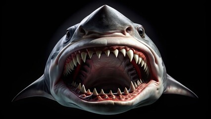 Terrifying gaping shark jaw with razor-sharp teeth stretches across the darkness, a lurking monster that could swallow