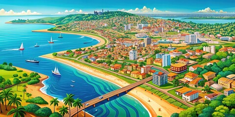 Vibrant digital map of Conakry, Guinea's capital city, showcasing its coastal landscape, roads, and major landmarks in a colorful and detailed illustrative design.