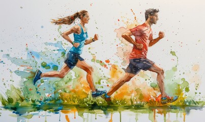 Dynamic duo sprinting through a vibrant landscape at sunrise, embodying energy and vitality in a colorful watercolor representation of fitness