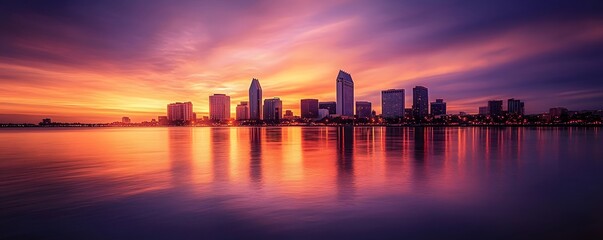 Fototapeta premium City Skyline Silhouetted Against a Vibrant Sunset Reflected in Still Water