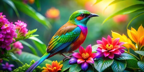 Fototapeta premium Vibrant, exotic birds with iridescent plumage in brilliant rainbow hues perch on lush greenery, surrounded by delicate flowers, in a whimsical, dreamlike tropical jungle scene.