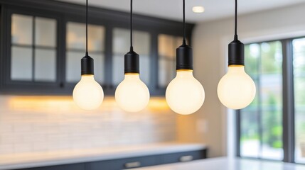 A group of four light bulbs hanging from a ceiling in the kitchen, AI