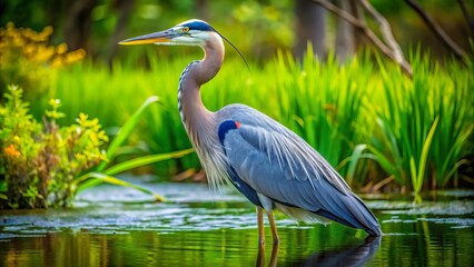 Naklejka premium The blue heron's striking plumage glistens in the sunlight as it stands proudly in a vibrant green swamp