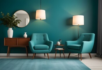 In a minimalist, teal-colored room, two mid-century modern-style armchairs with a small side table and a round lamp.