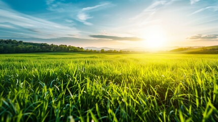 Scenic Sunrise Over Green Meadow Field, Beautiful Countryside Landscape Photograph with Bright Sunlight, Serene Sky and Nature Vibes