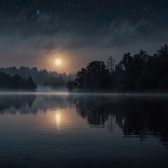 a full moon shines over a lake with trees and fog.