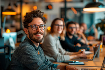 A diverse group of business professionals with lap top at a meeting in office