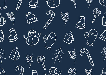 Doodle art of Christmas tree and winter seamless patterns on a blue background. For cards, frames, posters, book covers, textiles, wallpaper, wrapping and fabric.