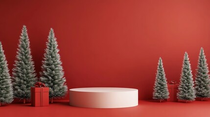 Product display podium with a Christmas tree set in a forest area, against a red wall background. This festive setup highlights the Christmas tree amidst a natural setting