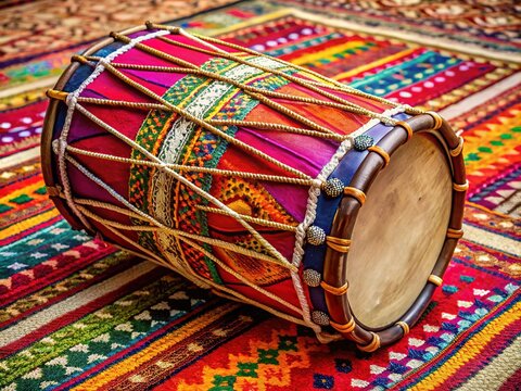 Vibrant Indian drum dholak with intricate designs and colors, lying on a traditional handwoven rug, evoking cultural heritage and festive celebrations.