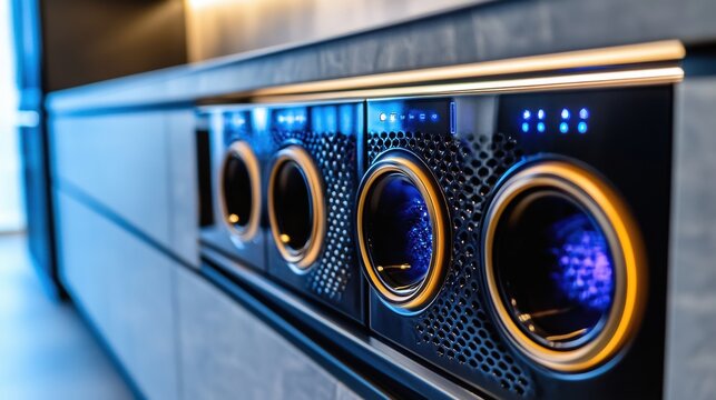 A close up of a row of washing machines in the kitchen, AI